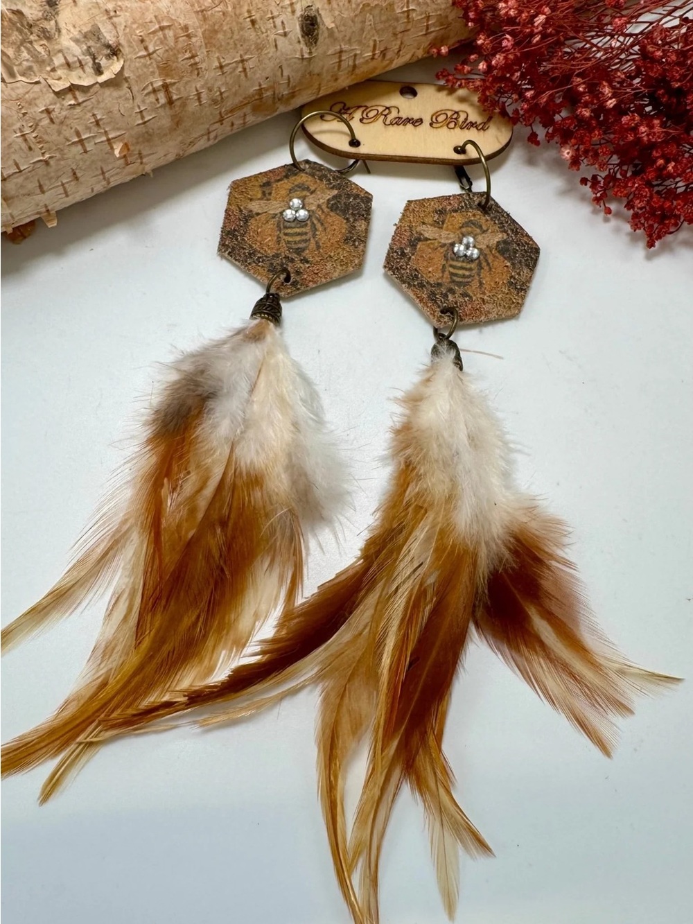 A Rare Bird Feather Bee and honeycomb Earring - Picture 2 of 2